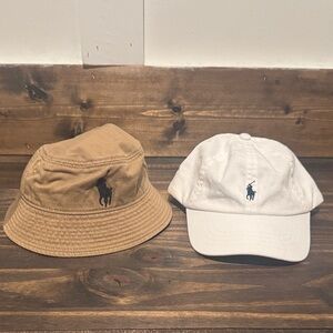 Bundle Polo by Ralph Lauren Tan Bucket Hat and White Cap Set- Size 12/24 months
